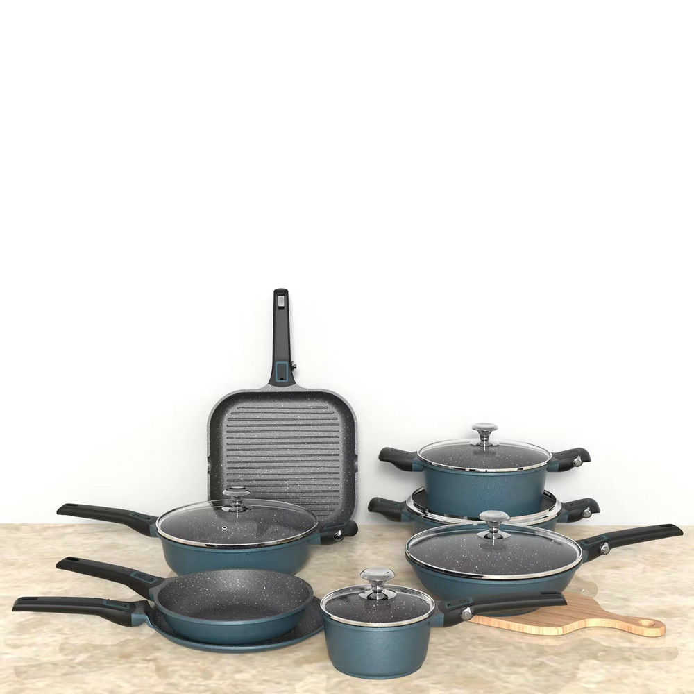 Leerpan Premium Oven Safe 13pcs Antistick Cast Aluminium Cookware Set dengan Pemegang dan Tudung Boleh Tanggal