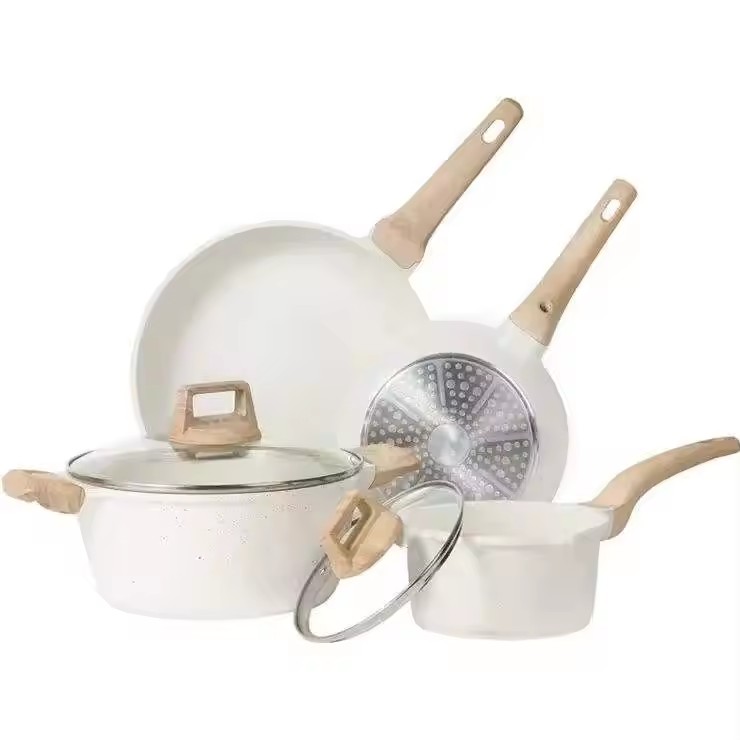 Set Periuk dan Kuali Nonstick White Granite Induction Set Alat Memasak Dapur Set Memasak Non Stick Kuali Menggoreng
